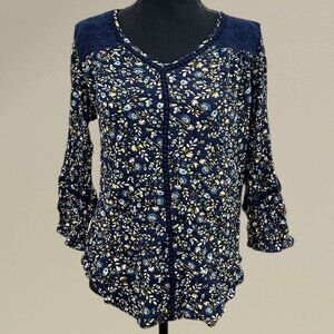 Navy Blue Floral Lace Detail Blouse